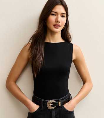 Black Sleeveless Slash Neck Bodysuit