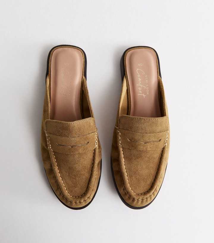 Camel Faux Suede Open Back Mule Loafers