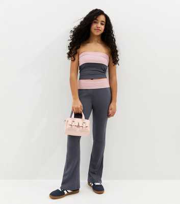 Girls Navy Contrast Waistband Flare Leggings