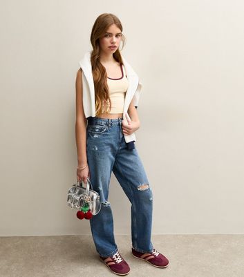 Girls Cream Side Stripe Cropped Tank Top | New Look