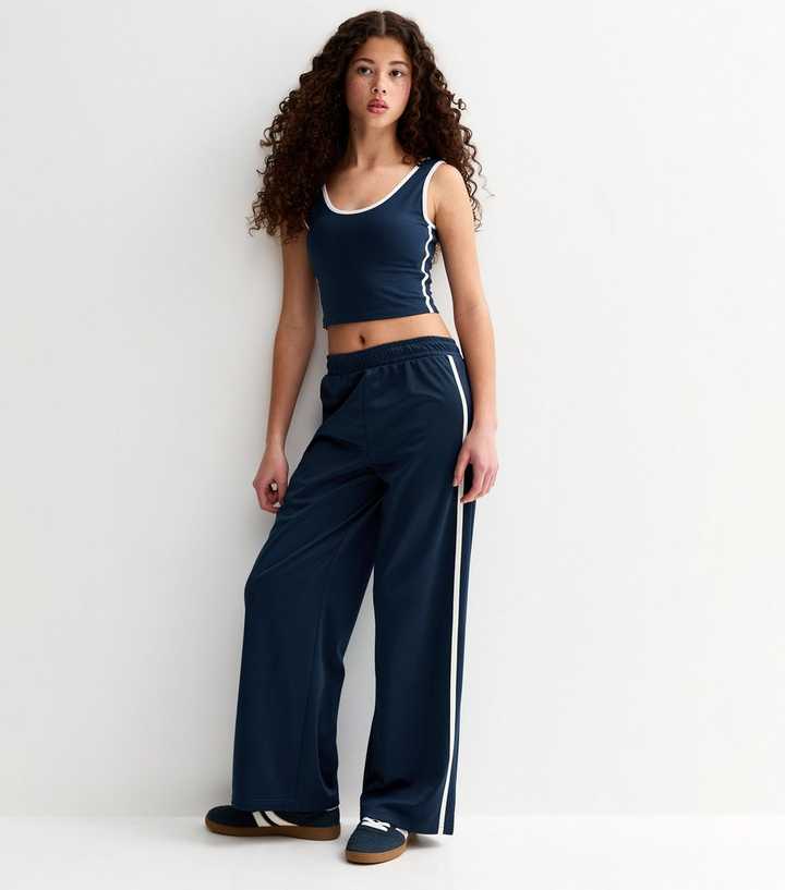 Girls Navy Side Stripe Cropped Tank Top