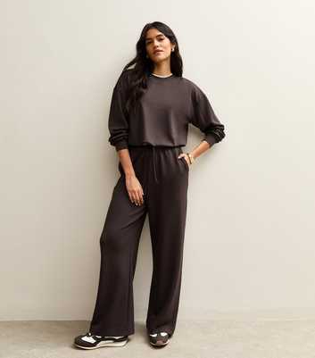 Brown Jersey Wide Leg Drawstring Waist Joggers