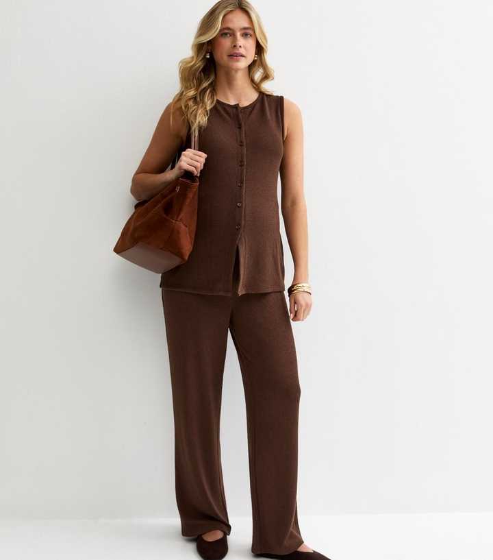 Maternity Dark Brown Textured Wide Leg Trousers