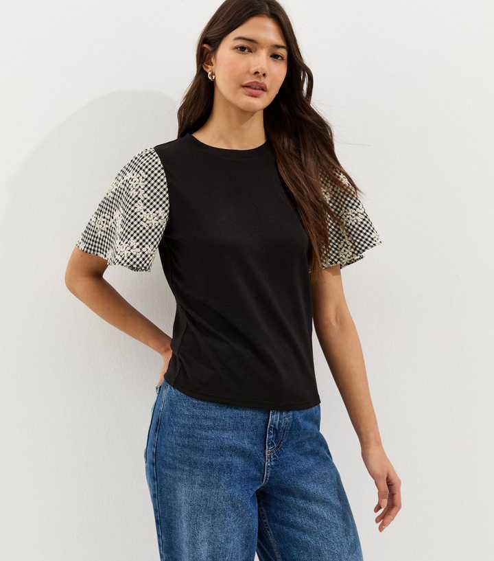 Black Embroidered Check Sleeve T-Shirt