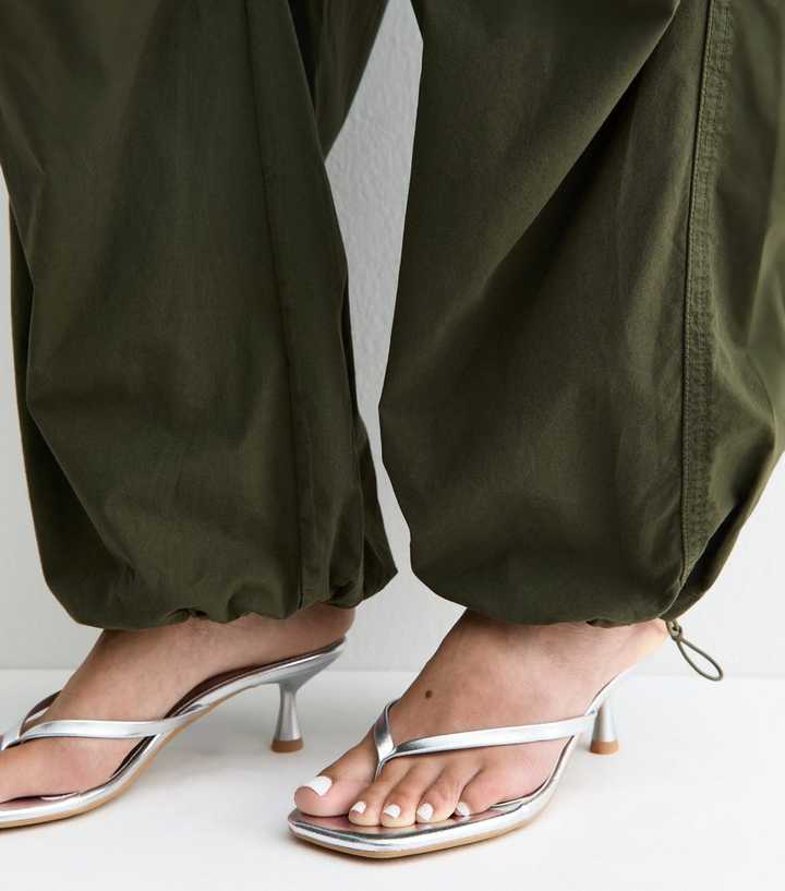Silver Faux Leather Toe Post Mule Sandals
