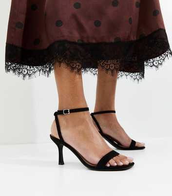 Black Faux Suede Square Top Stiletto Sandals
