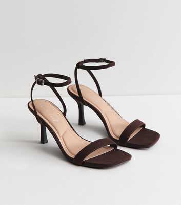 Dark Brown Faux Suede Square Top Stiletto Sandals
