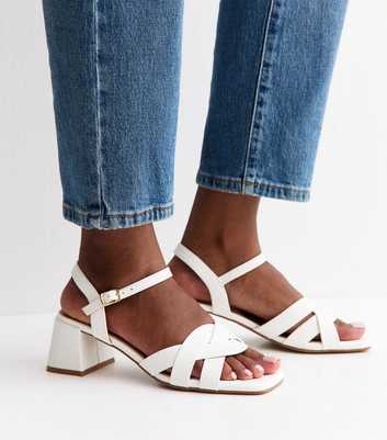 White Faux Leather Interwoven Low Block Heel Sandals