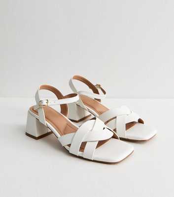 White Faux Leather Interwoven Low Block Heel Sandals