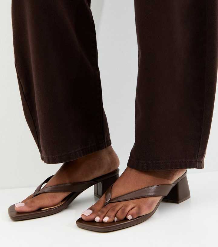 Dark Brown Faux Leather Toe Post Block Heel Sandals