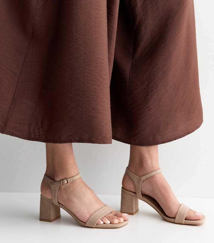 Light Brown Faux Suede Square Toe Block Heel Sandals