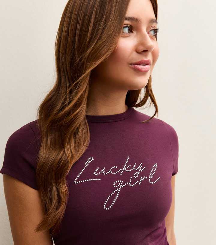 Girls Dark Burgundy Diamante Lucky Girl Logo T-Shirt