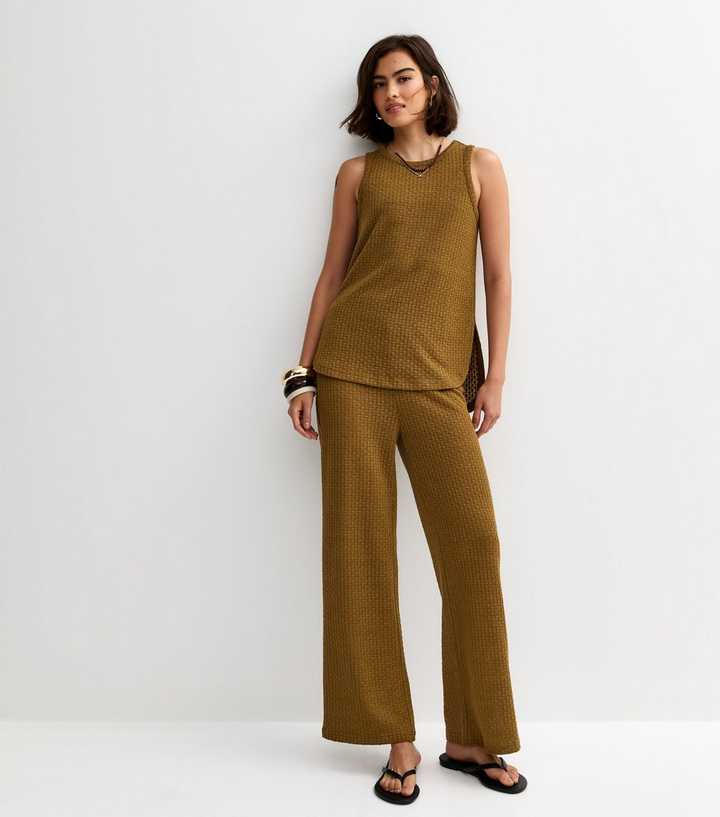 Khaki Brown Textured Wide Leg Trousers