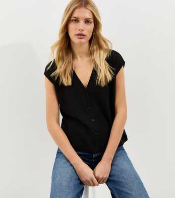 Black Soft Touch Button Up V-Neck Top