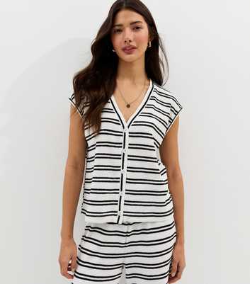 White Soft Touch Textured Striped Button Front Top