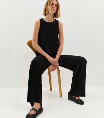 Black Textured Wide Leg Trouser