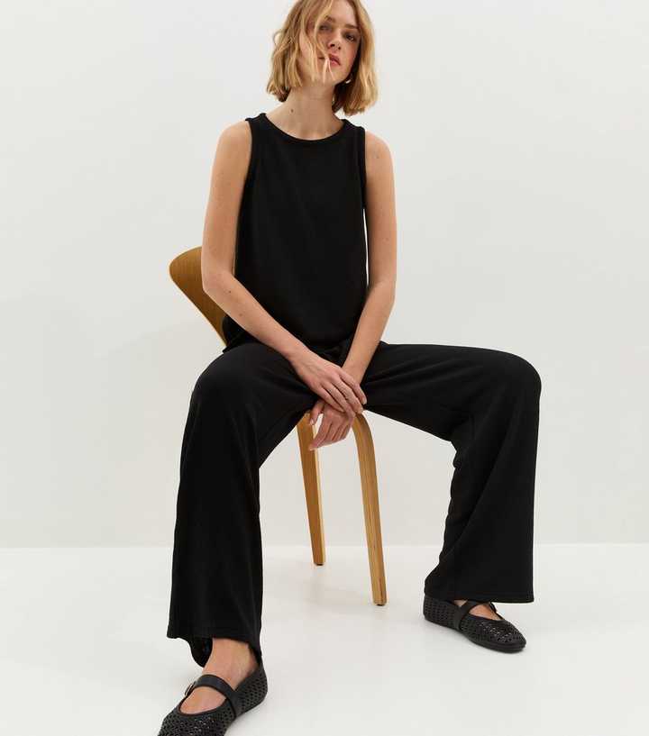 Black Textured Wide Leg Trouser