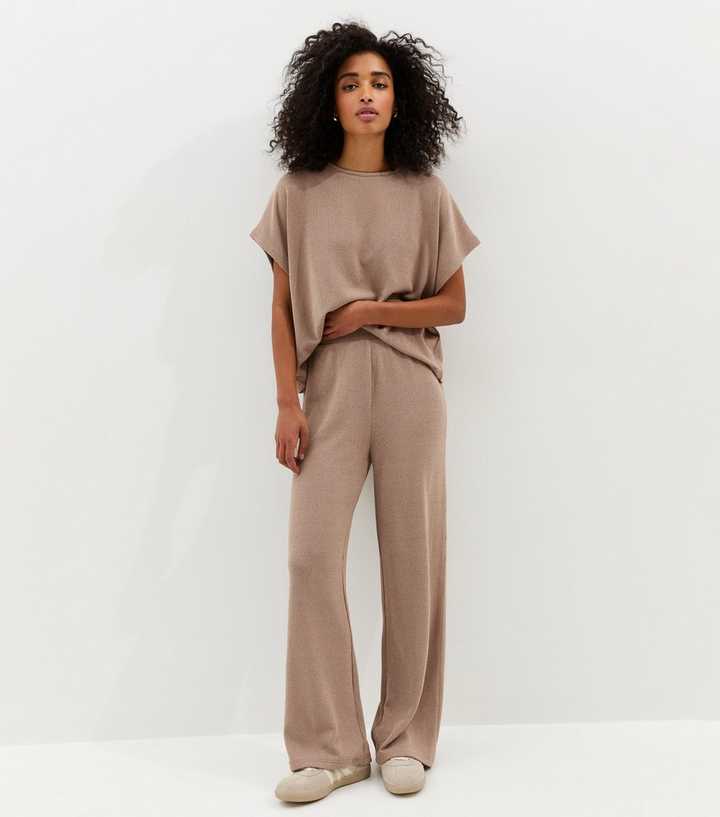 Dark Mink Textured Soft Touch Wide Leg Trousers