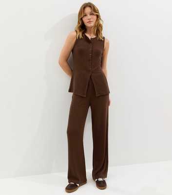 Dark Brown Textured Wide Leg Trousers