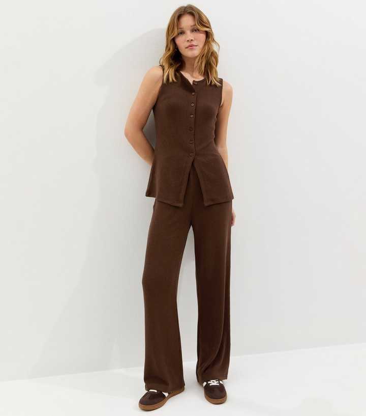 Dark Brown Textured Wide Leg Trousers