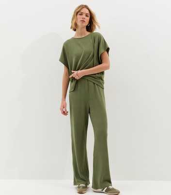 Khaki Textured Wide Leg Trouser