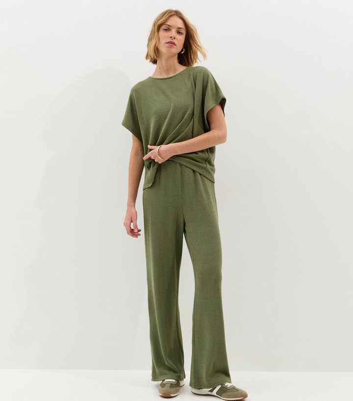 Khaki Textured Wide Leg Trouser