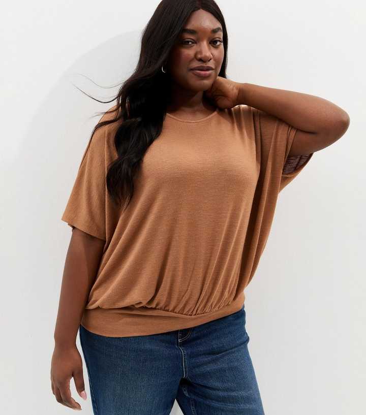 Curves Camel Slub Batwing Sleeve Top
