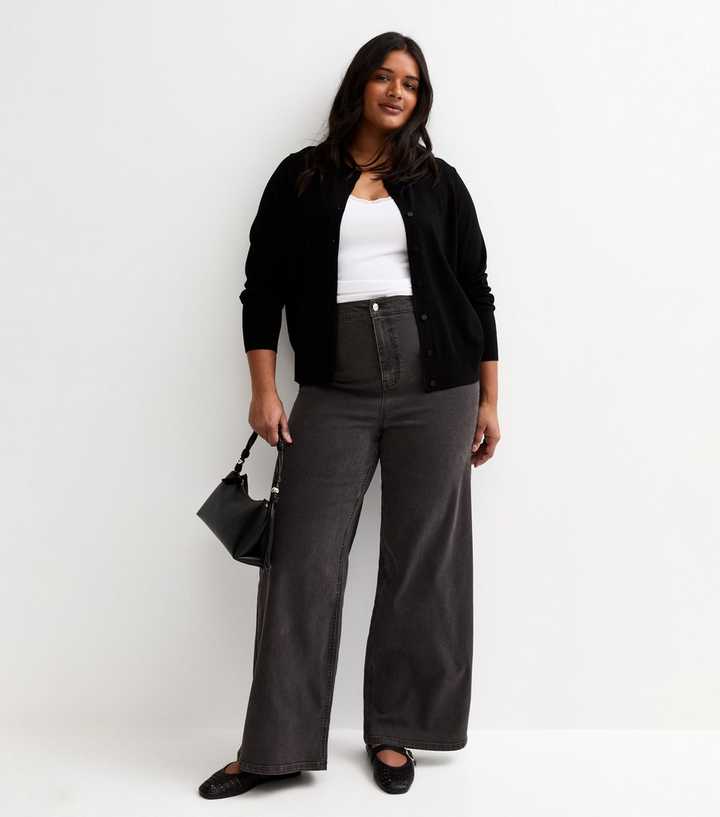 Curves Black High Waist Stretch Denim Wide Leg Jeans