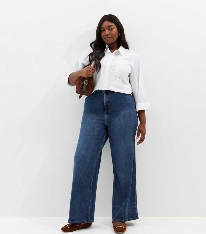 Curves Mid Blue High Waist Stretch Denim Wide Leg Jeans