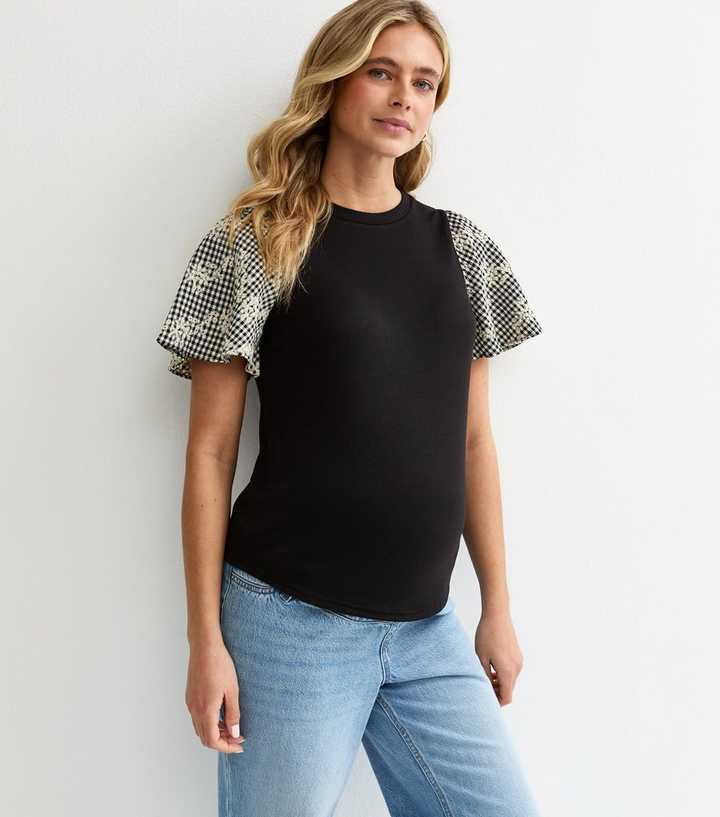 Maternity Black Soft Touch Contrast Check Sleeve Top
