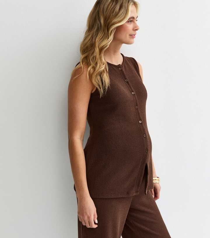Maternity Brown Textured Button Waistcoat