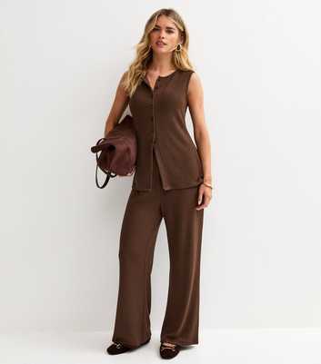 Petite Brown Textured Wide Leg Trousers