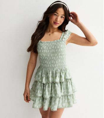 Girls Green Floral Shirred Rara Mini Dress