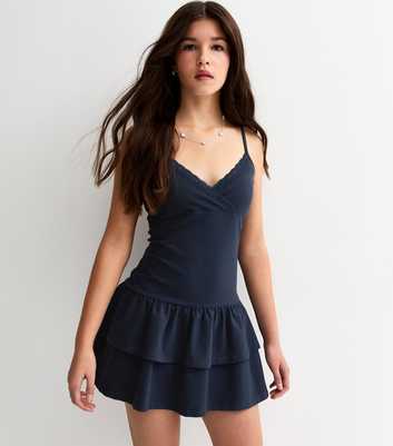 Girls Navy Strappy Lace Trim Rara Dress