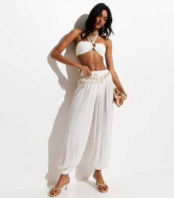 White Metallic Crinkle Texture Balloon Leg Beach Trousers