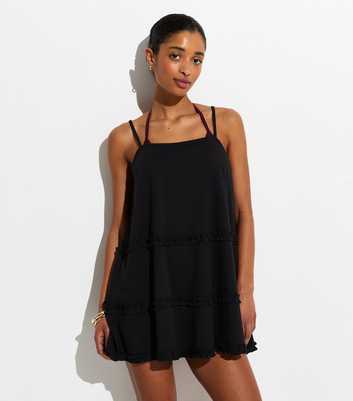 Black Cotton Jersey Ruffled Mini Dress