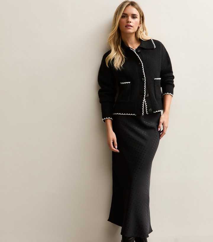 Petite Black Polka Dot Satin Bias Cut Midi Skirt