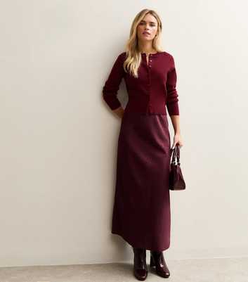 Petite Dark Burgundy Polka Dot Satin Bias Cut Midi Skirt