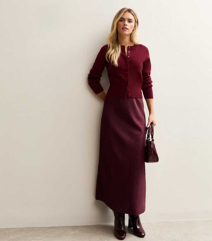 Petite Dark Burgundy Polka Dot Satin Bias Cut Midi Skirt
