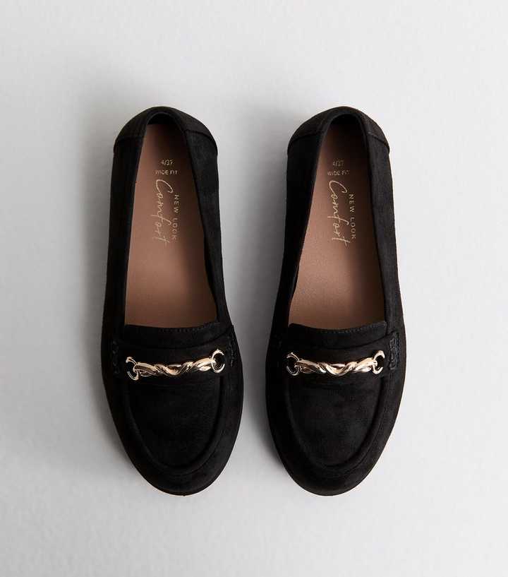 Wide Fit Black Faux Suede Chain Loafers