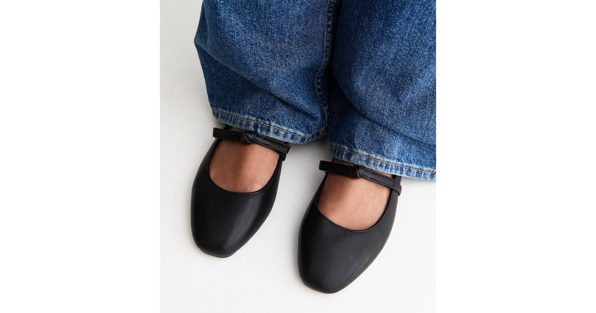 Wide Fit Black Faux Leather Bow Strap Mary Jane Flats | New Look