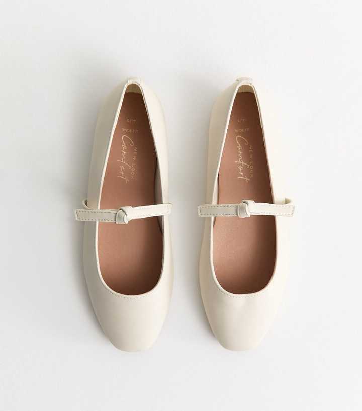 Wide Fit  Off White Faux Leather Bow Strap Mary Jane Flats