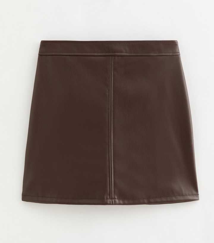 Petite Faux Leather Dark Brown A-line Mini Skirt 