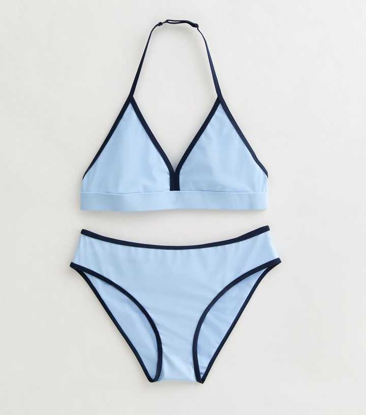 Girls Light Blue Contrast Binding Triangle Bikini Set