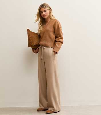Petite Camel Pinstripe Tie Waist Wide Leg Trouser