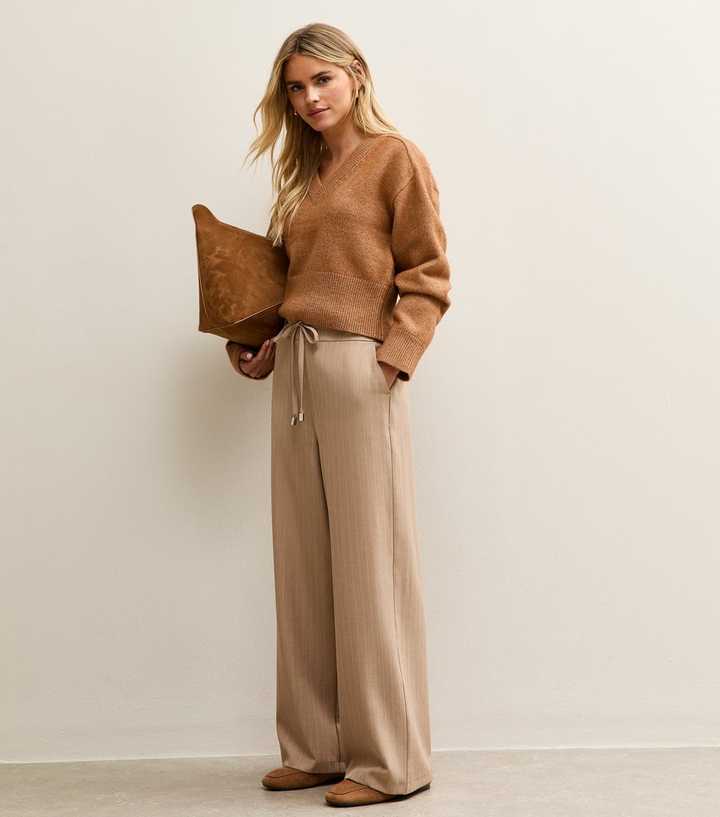 Petite Camel Pinstripe Tie Waist Wide Leg Trouser