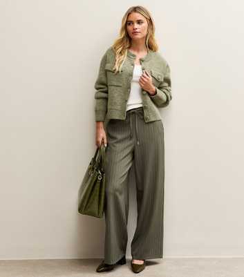 Petite Dark Green Pinstripe Tie Waist Wide Leg Trouser