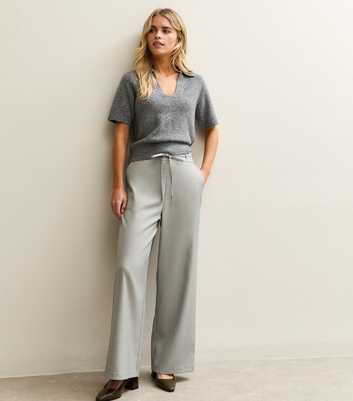 Petite Grey Tie Waist Wide Leg Trouser