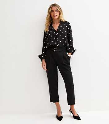 Petite Black Ring Belted Paperbag Waist Trousers