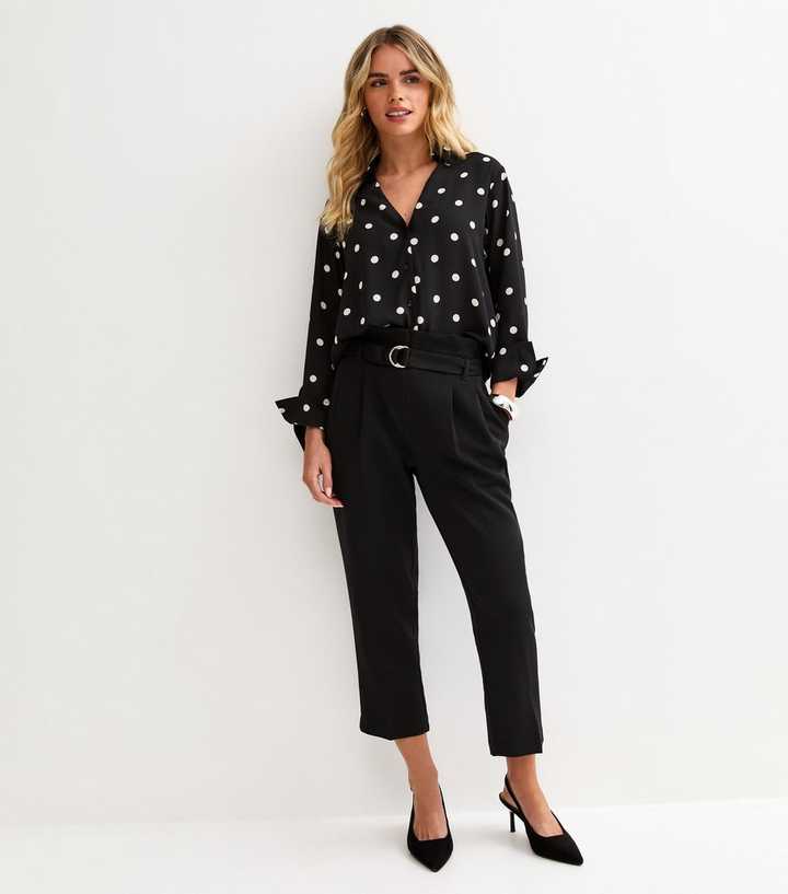 Petite Black Ring Belted Paperbag Waist Trousers